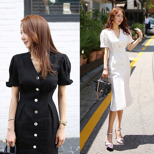 Mid-length ladies dresses with V-neck, short sleeves, and high waist in black and white.