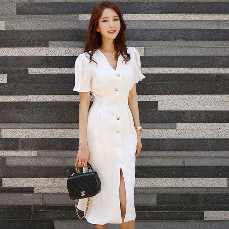 Mid-length V-neck ladies dress with short sleeves and high waist.