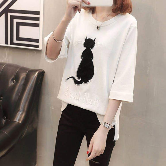 White Cute Cat Tshirt with black cat design, short sleeves, cotton material.