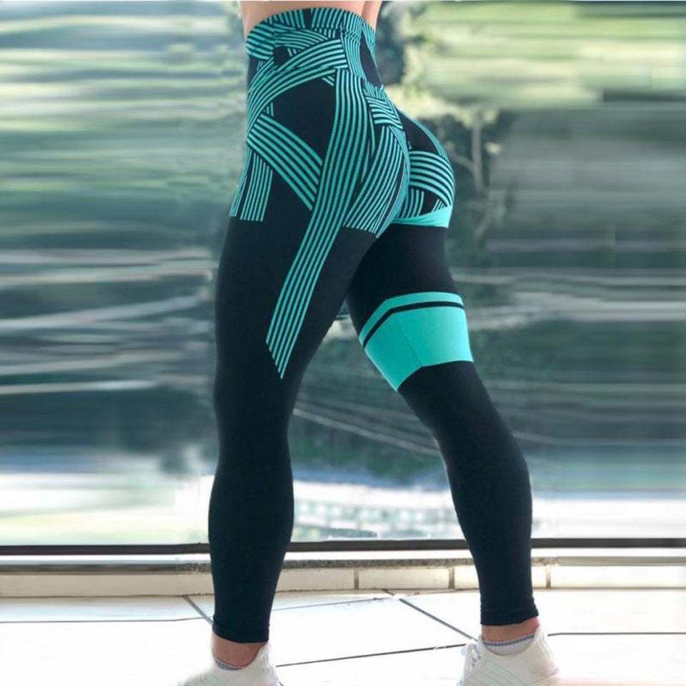 Sports leggings with geometric pattern, high waist, side view.