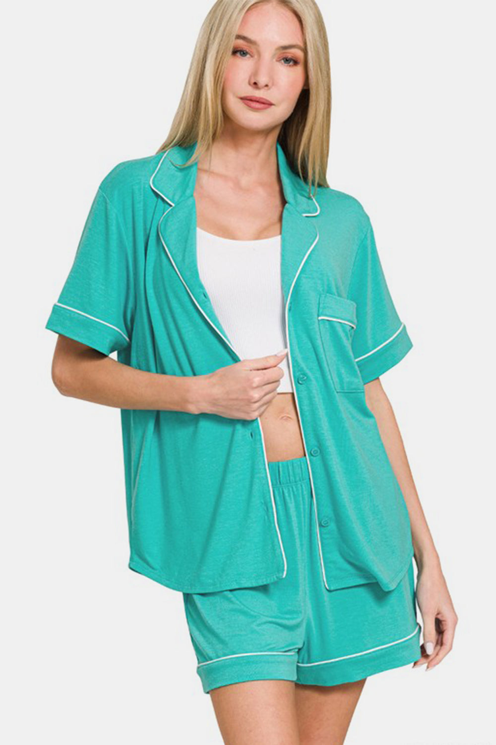 Short sleeve button-down top and shorts lounge set in teal, featuring a relaxed fit and white trim.