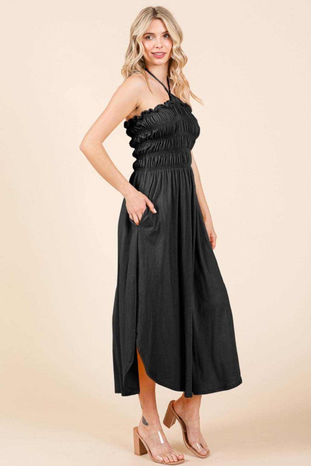 Tie Back Shirred Dress with pockets, smocked bodice, black, flattering fit, versatile style.
