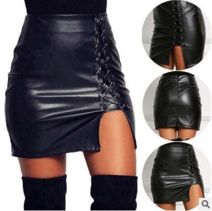 Black lace leather skirt with side lace-up detail and thigh-high slit.