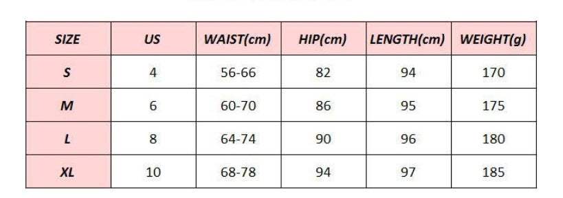 Size chart for Serpent Leggings, featuring waist, hip, length, and weight measurements in centimeters and grams for sizes S to XL.