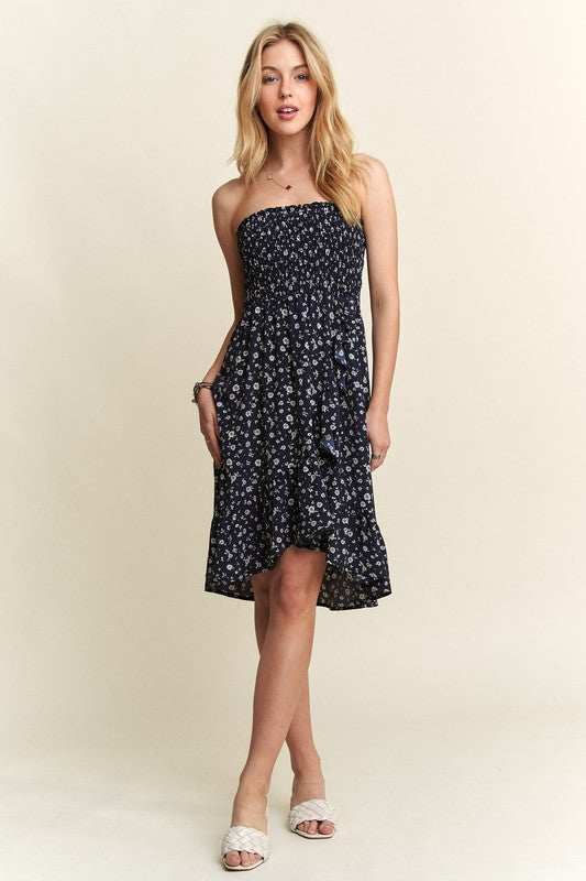 ADORA Smocked Floral Tube Dress with pockets, high-low design, perfect for spring and summer outings.