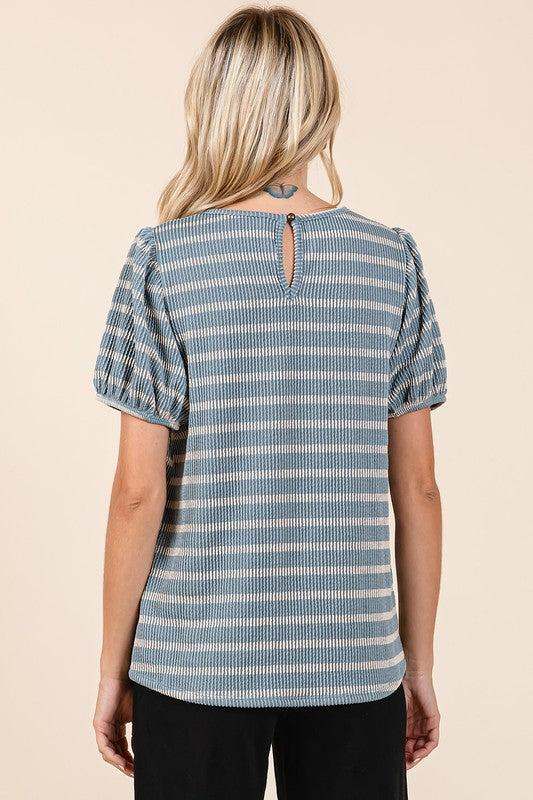 Mittoshop Contrast Striped Short Puff Sleeve Knit Top on model, back view.