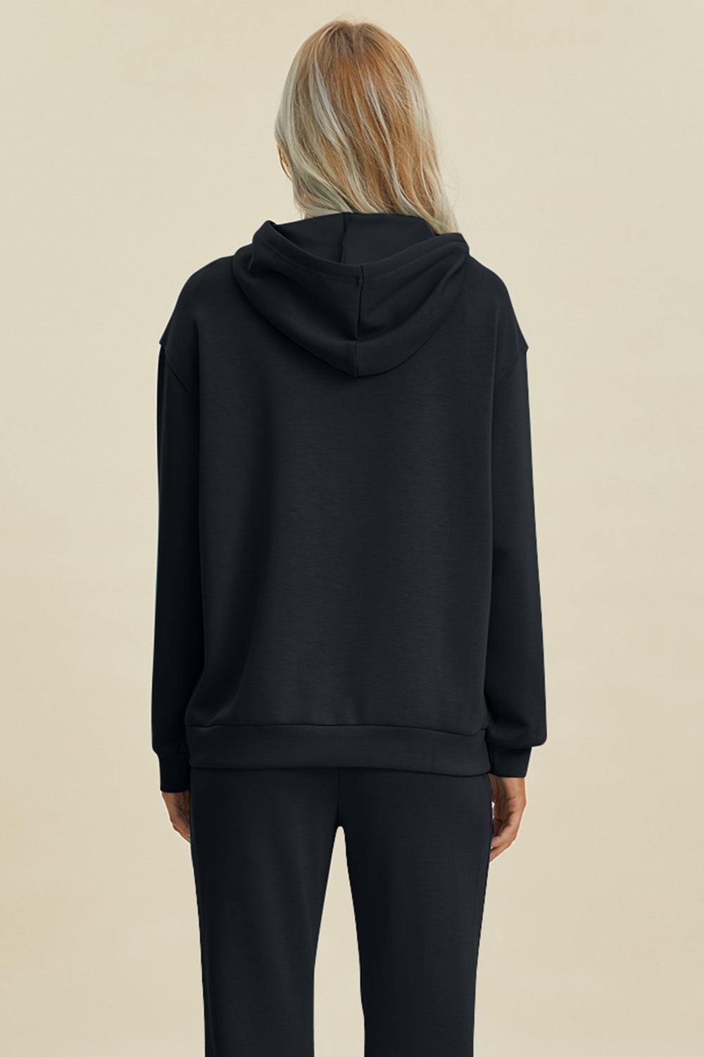Basic Bae full-size black hoodie with kangaroo pocket and drawstring.