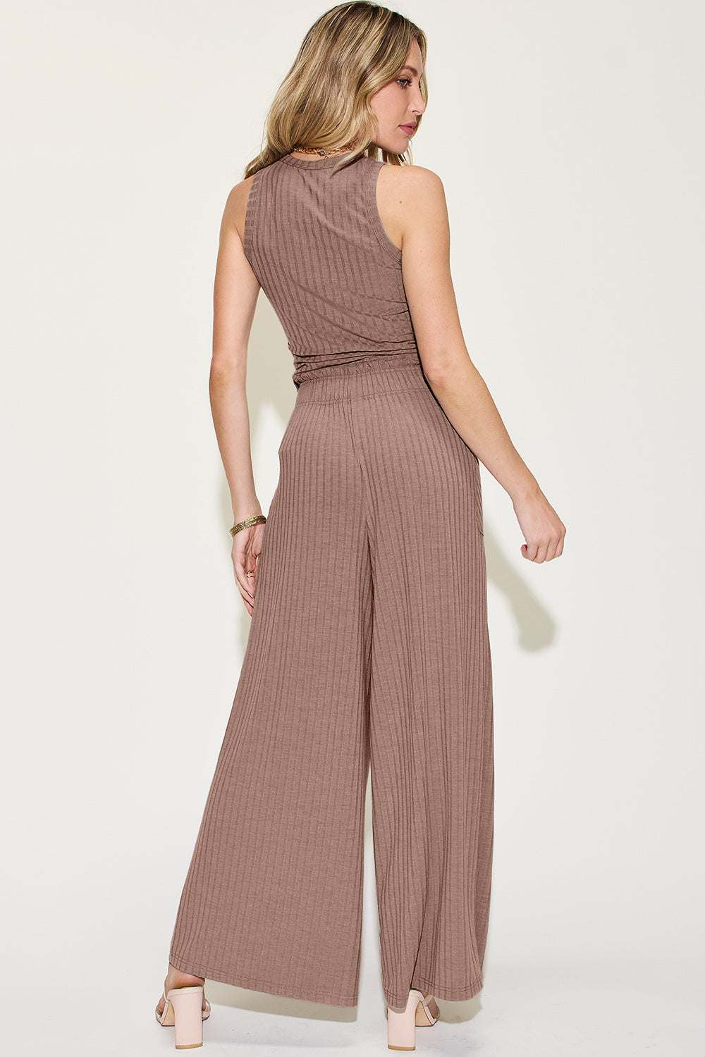 Basic Bae full size ribbed tank and wide leg pants set with pocketed design.