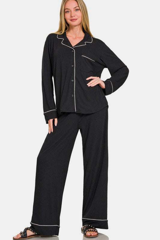 Zenana Button Down Long Sleeve Top and Pants Lounge Set in black, featuring relaxed fit, pocketed top, and slightly stretchy polyester-rayon blend.