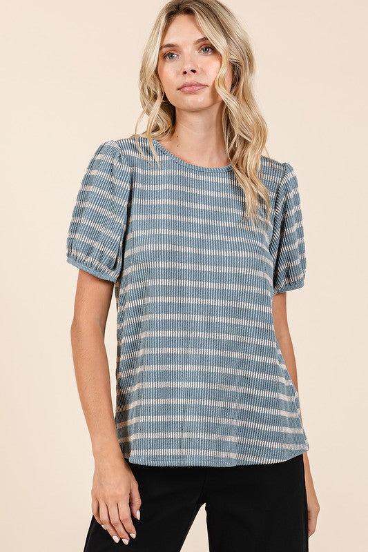 Mittoshop Contrast Striped Short Puff Sleeve Knit Top with blue and white stripes.