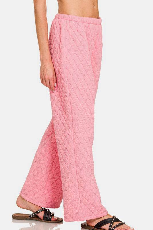 Zenana quilted button up lounge pants in pink, cozy and stylish.