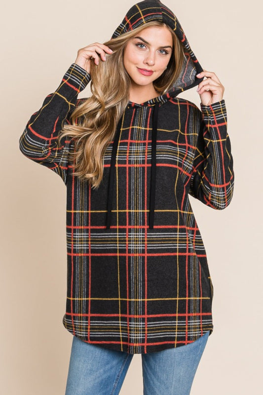 Plaid drawstring hoodie with long sleeves and adjustable hood, featuring a trendy plaid pattern.