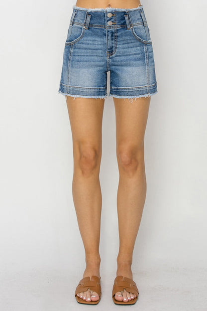 High rise seam detail denim shorts with raw edge hem and pockets.